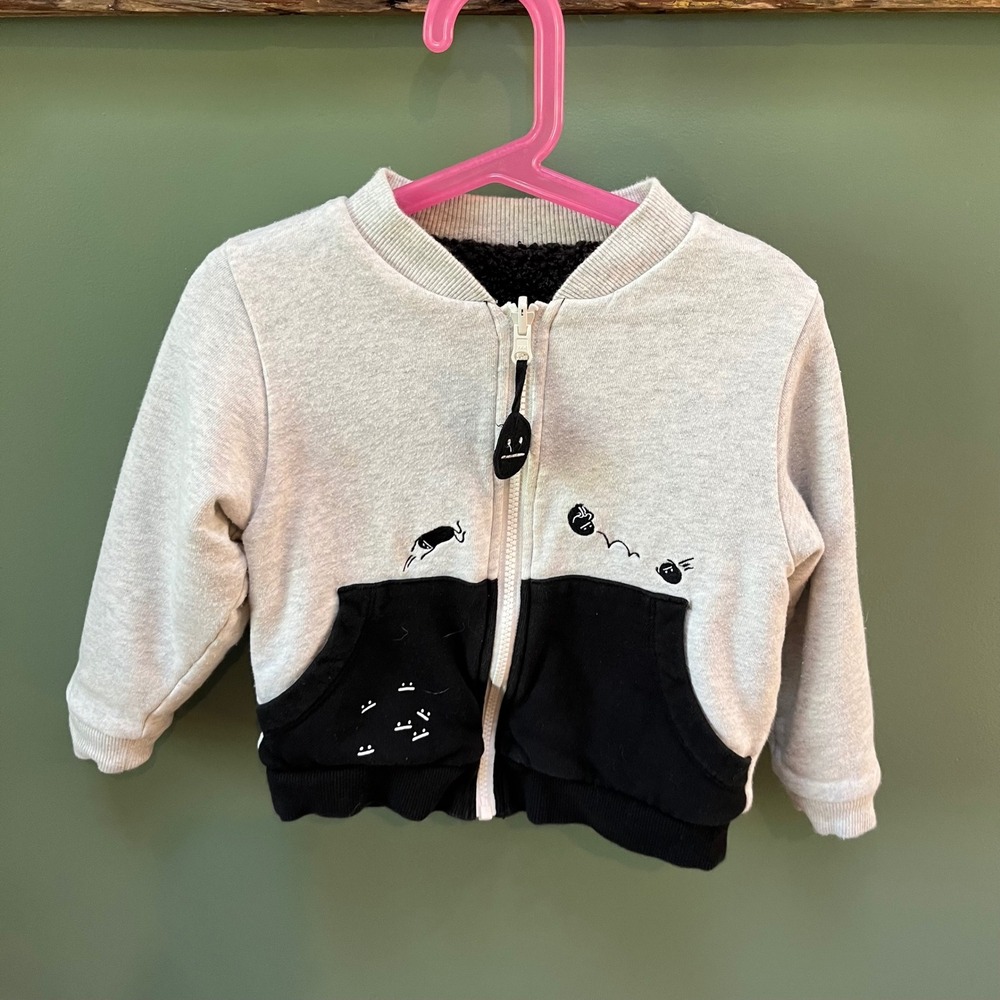 Graniph‎ Kids Zip Up Jacket Sweatshirt Top Gray Black Cartoon Graphic
